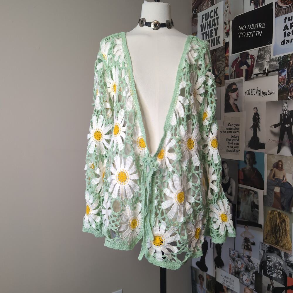 Crochet Daisy Tie Front Coquette Cardigan